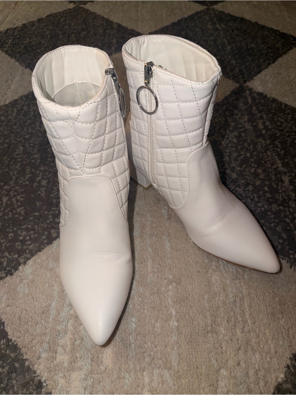 Trary White Quilted Pointed Toe Ankle Booties